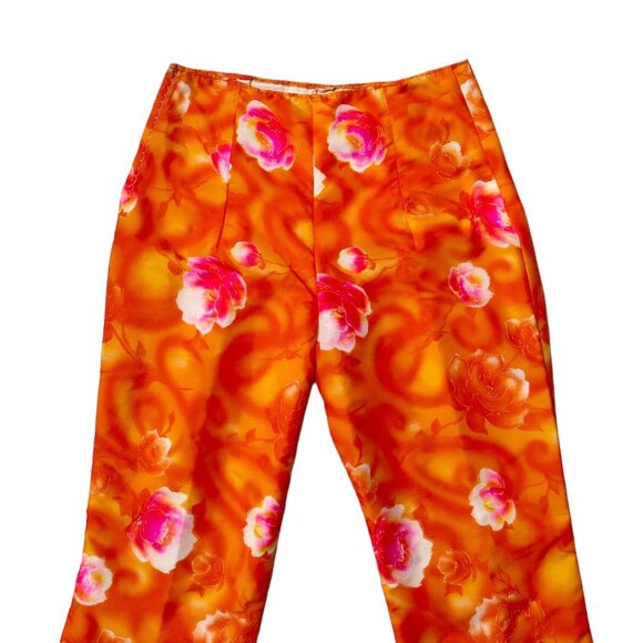 60s vintage highwaisted flare pants psychedelic pattern print orange roses. - Picture 2 of 7